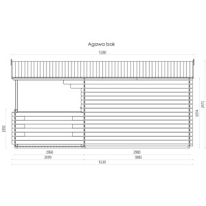 Rysunek techniczny drewnianego domku t.b.t. z wymiarami.