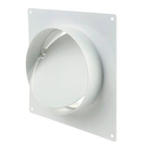 Białe złącze kanałowe t.b.t. do rur wentylacyjnych, kwadratowa płyta montażowa.
