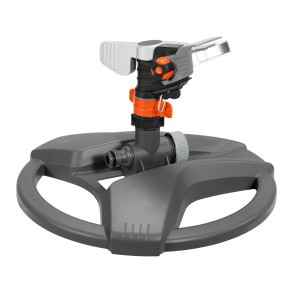 Zraszacz wahadłowy Gardena Premium z saniami do nawadniania trawnika. Regulowany sektor, szary/pomarańczowy.