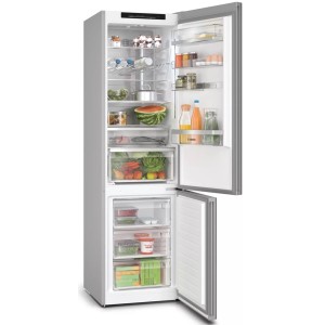 Otwarta, srebrna chłodziarko-zamrażarka wypełniona jedzeniem.