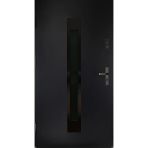 Nowoczesne, szare drzwi zewnętrzne z wąską wstawką szklaną i srebrną klamką.