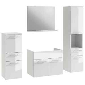 Biały zestaw mebli łazienkowych t.b.t. z szafką lustrzaną, szafką pod umywalkę i dwoma szafkami wysokimi.