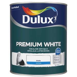 Puszka Dulux Premium White, biała farba do ścian, matowa.