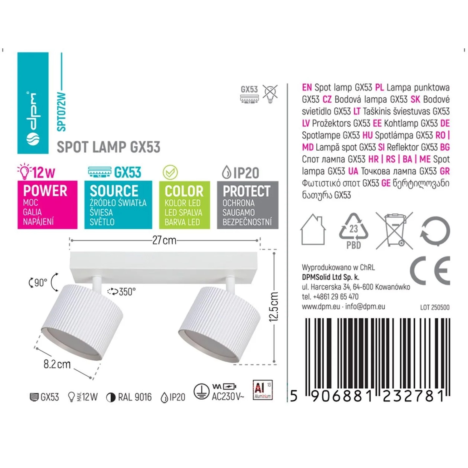 DPM Lampa punktowa ORBIN 2xGX53 max. 12W biała