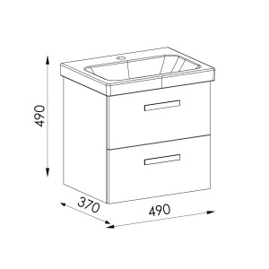 Szkic szafki pod umywalkę z dwiema szufladami i wymiarami.