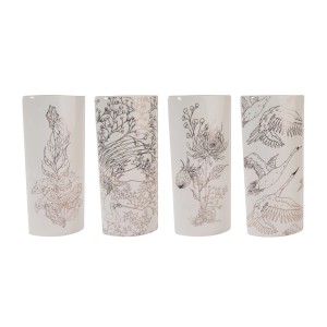 Cztery nawilżacze powietrza z motywami kwiatowymi i ptaków.