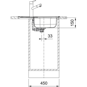 Szkic zlewozmywaka ze stali nierdzewnej z baterią i wymiarami do instalacji.