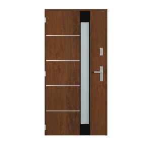 Nowoczesne drzwi zewnętrzne w stylu drewna z szybą i elementami ze stali nierdzewnej.