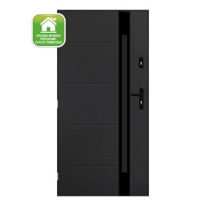 Nowoczesne, antracytowe drzwi zewnętrzne z poziomymi liniami dekoracyjnymi i czarną klamką.