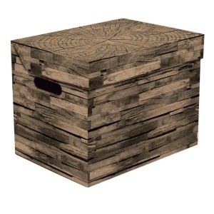 Ozdobne pudełko kartonowe z efektem drewna i pokrywką do stylowego przechowywania.