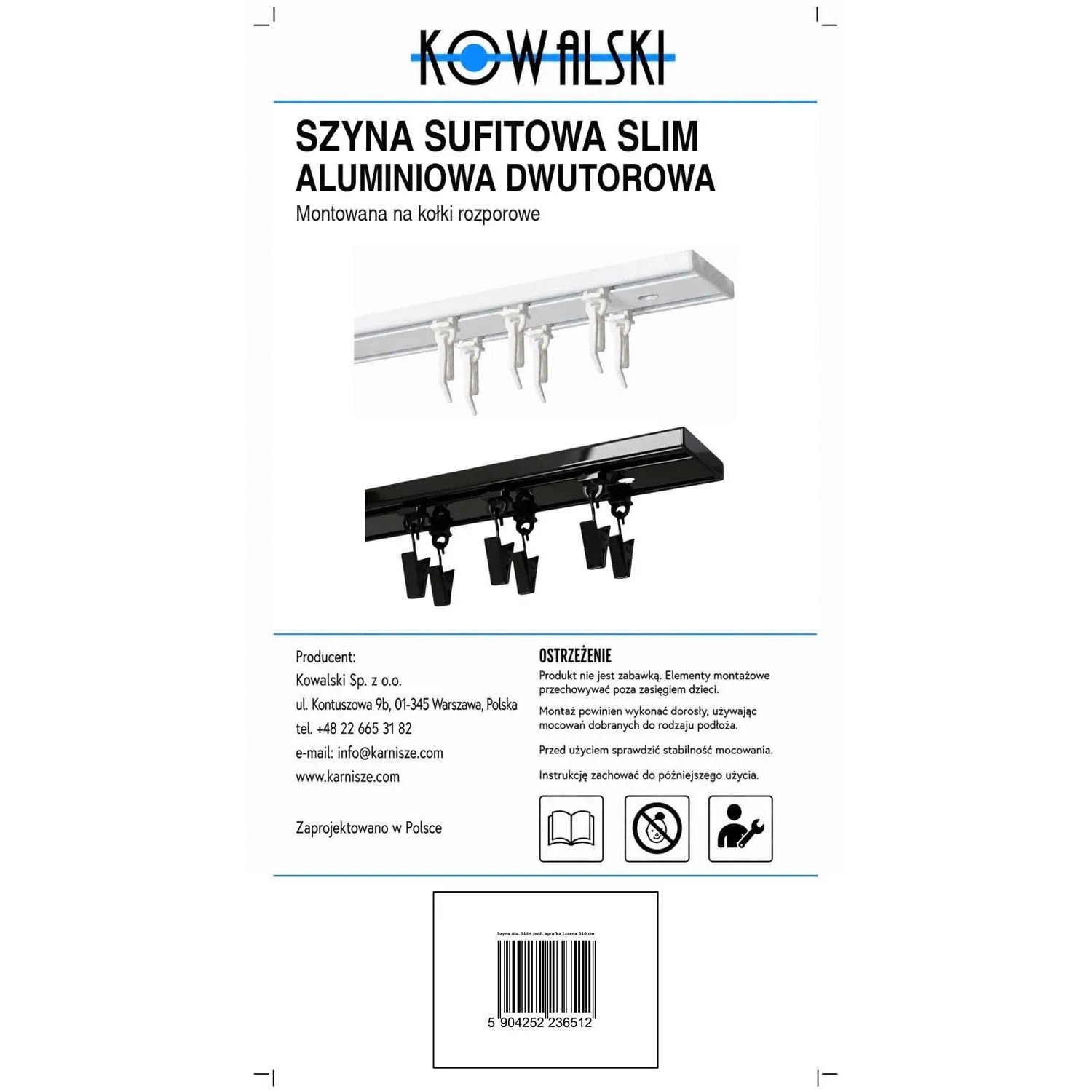 Kowalski Szyna aluminiowa podwójna SLIM agrafka 610 cm czarna_7