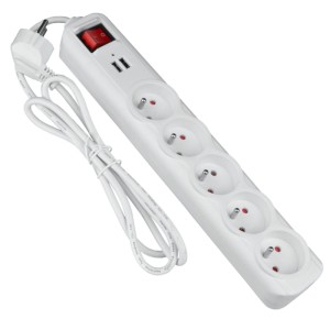 DPM Listwa ochronna z wyłącznikiem 5-gniazdowa 2P+Z + 2xUSB-A biała 1,5 m