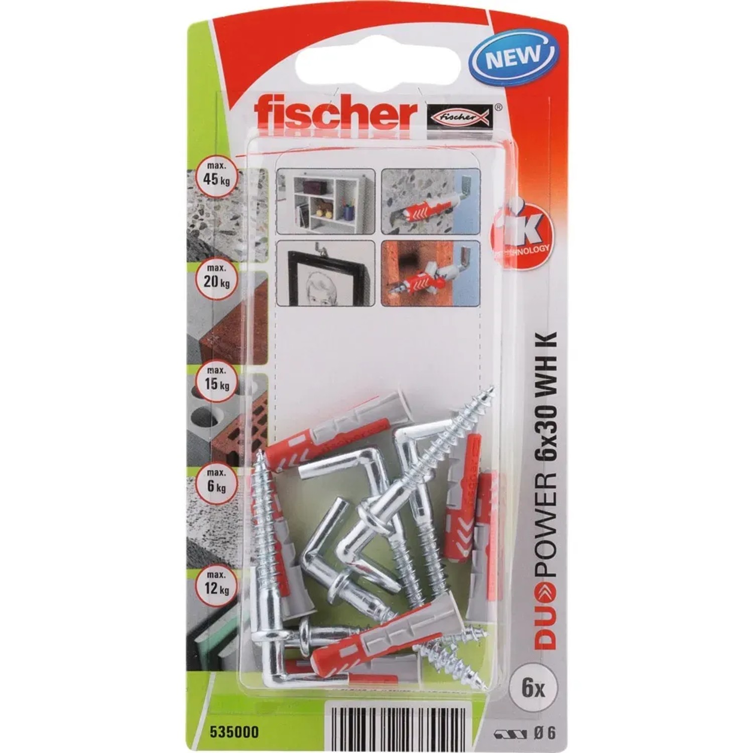 Fischer Kołek uniwersalny DP+hak 6x30 6szt
