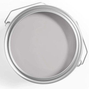 Wiadro z szarą farbą do ścian, widok z góry.