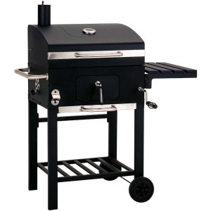 Czarny grill węglowy z półką i kółkami.