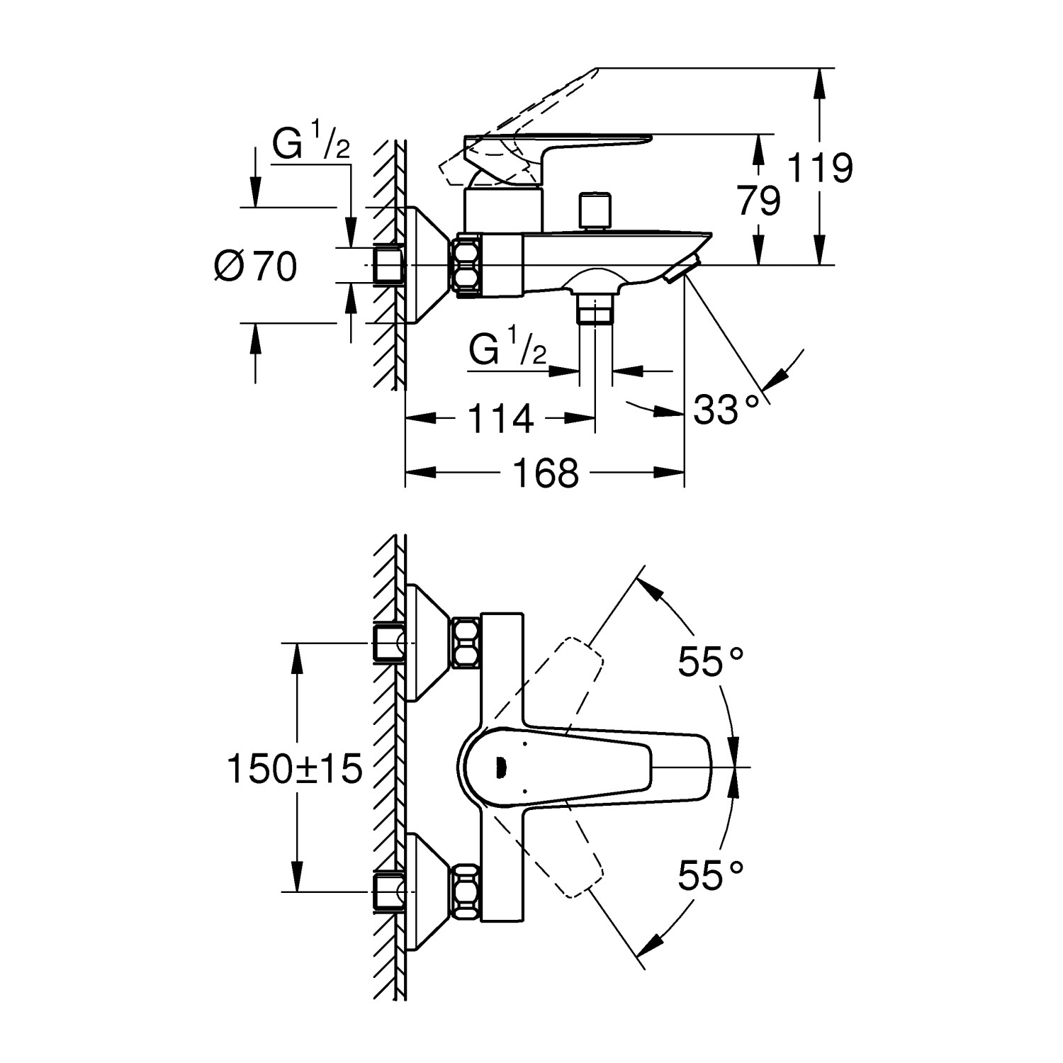 Rysunek techniczny baterii wannowej Grohe QuickFix Start Edge do montażu ściennego z wymiarami.