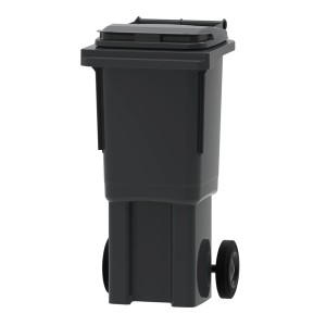 Szary pojemnik na odpady z pokrywą i kołami do usuwania odpadów.