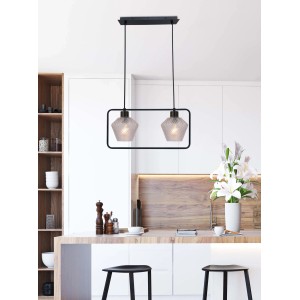 Nowoczesna lampa wisząca t.b.t. z dwoma kloszami i czarną ramą.
