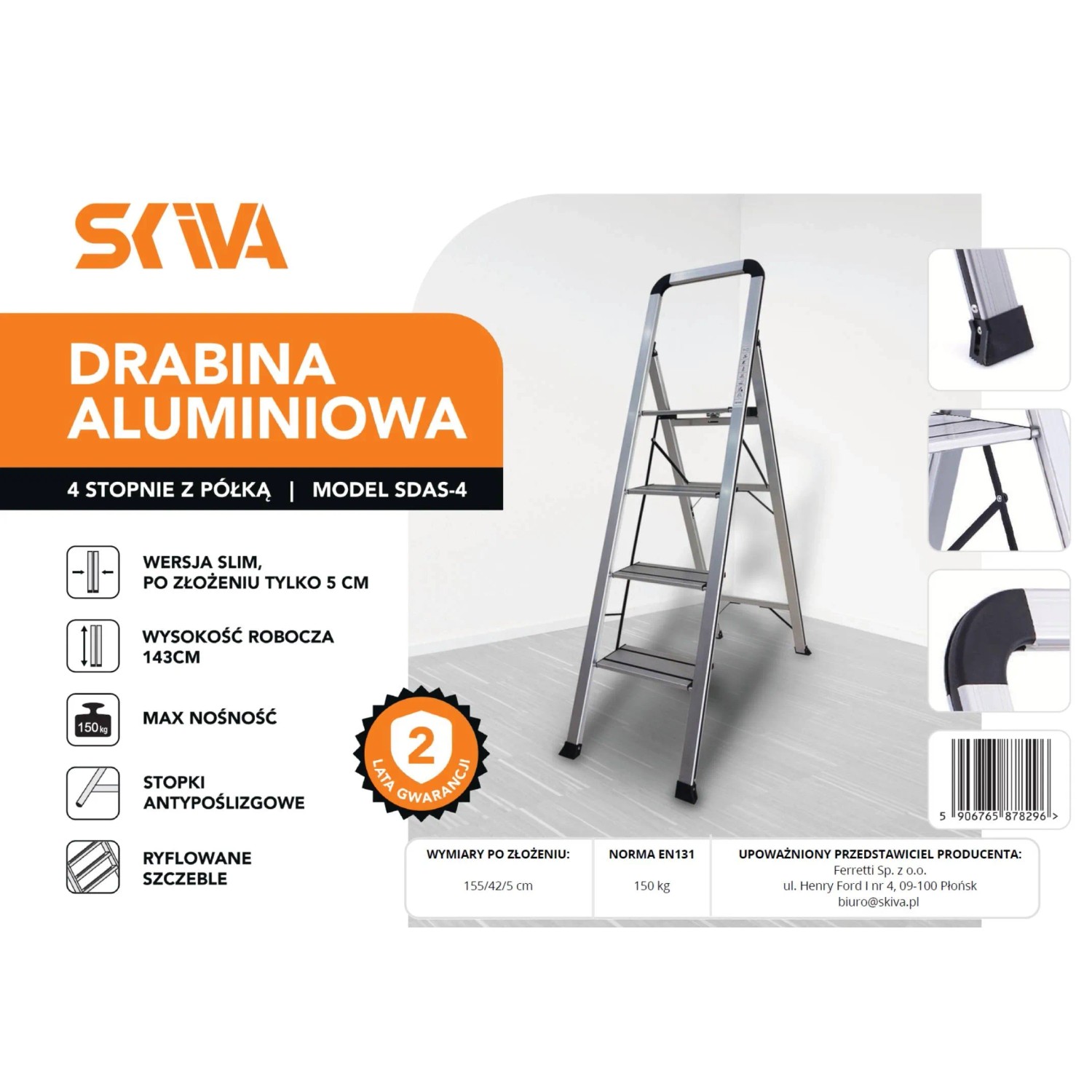 Skiva Slim Drabina aluminiowa 4-stopniowa jednostronna_2