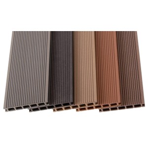 Przekrój poprzeczny desek tarasowych z tworzywa sztucznego t.b.t. w różnych kolorach.