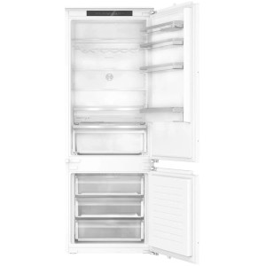 Otwarta, biała lodówka do zabudowy t.b.t. z półkami i szufladami.