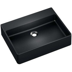 Czarna umywalka nablatowa t.b.t. o prostokątnym kształcie.