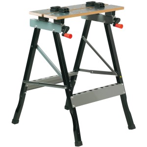 Stół roboczy i zaciskowy z czarną ramą i szczękami zaciskowymi, idealny do prac warsztatowych.