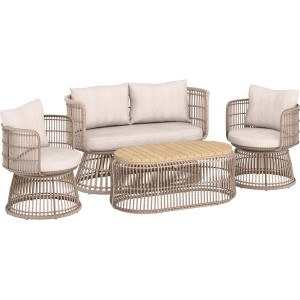 Zestaw mebli ogrodowych t.b.t. z sofą, fotelami i stołem z rattanu.