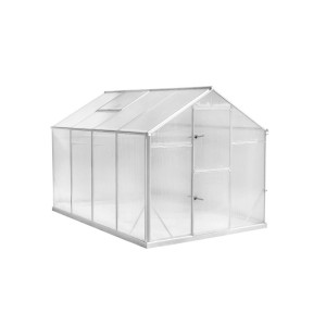 Wolnostojąca, przezroczysta szklarnia z drzwiami i oknem dachowym.