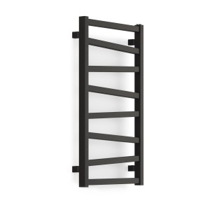 Czarny grzejnik t.b.t. do łazienki, suszarka na ręczniki, nowoczesny wygląd.