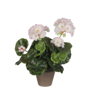 Dekoracyjna sztuczna pelargonia w doniczce, biało-różowa, Ø 20x34 cm. Łatwa w pielęgnacji dekoracja do wnętrz.