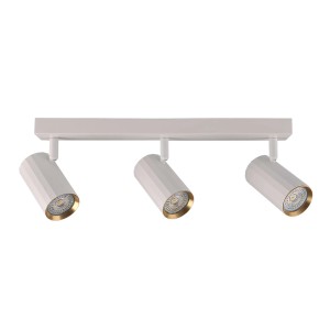 Biała listwa oświetleniowa t.b.t. z trzema reflektorami do montażu sufitowego.
