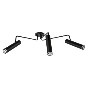 Czarna lampa wisząca t.b.t. z trzema cylindrycznymi reflektorami.