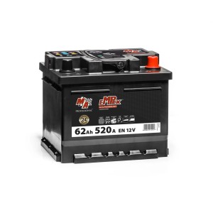 Czarny akumulator samochodowy 12V, 62Ah, 520A do elektryki samochodowej.