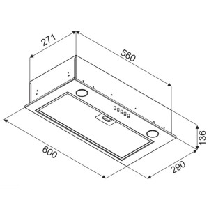 Rysunek techniczny płaskiego okapu kuchennego z wymiarami.