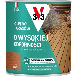 Puszka oleju do drewna t.b.t. do tarasów, odcień Tek, mat. Ochrona drewna do użytku zewnętrznego.