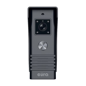 Czarny domofon t.b.t. z kamerą do użytku zewnętrznego.