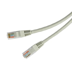 Szary kabel telekomunikacyjny t.b.t. ze złączami RJ45.