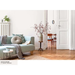 Salon z miętową zieloną farbą na ścianach. Elementy dekoracyjne, takie jak sofa, stół i wazon.