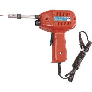 Czerwony pistolet lutowniczy z lutownicą i kablem. Idealny do lutowania w warsztacie i hobby.