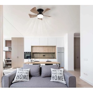 t.b.t. LED Plafony z łopatkami o wyglądzie drewna w nowoczesnym salonie.