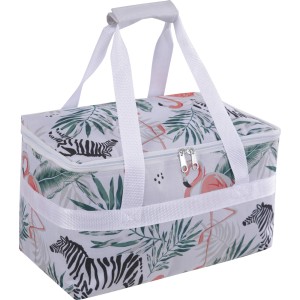 Torba termiczna we wzór flamingów i zebr, element wyposażenia kempingowego.