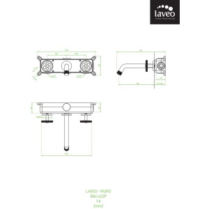 Rysunek techniczny baterii wannowej Laveo MURO BAU x22P z wymiarami.