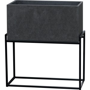 Szara donica z czarnym metalowym stojakiem, 69x29x63,5 cm. Stojak na kwiaty do użytku zewnętrznego.