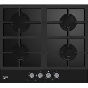 Czarna płyta kuchenna z czterema palnikami i srebrnymi pokrętłami.