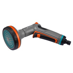 Gardena Comfort: Szara końcówka zraszająca do podlewania grządek z pomarańczowymi akcentami.