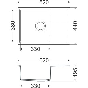 Rysunek techniczny zlewozmywaka granitowego t.b.t. z wymiarami.