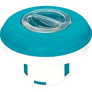 Duży pływak dozujący Bestway, dozownik basenowy w kolorze biało-niebieskim z przezroczystą pokrywą.