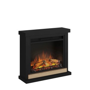 Czarny kominek elektryczny z efektem drewna i symulowanymi płomieniami dla przytulnej atmosfery.