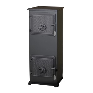 Czarny piec z dwoma drzwiczkami na drewno lub węgiel.